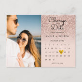 日付変更 カレンダー ローズゴールド グリッター フォト ポストカード (正面)