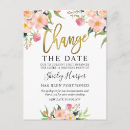 日付変更 ピンク フラワープリント ゴールド スクリプト ポストカード