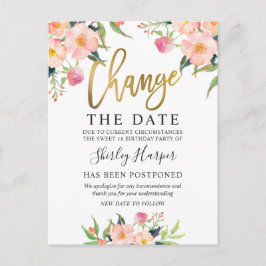 日付変更 ピンク フラワー ゴールド スクリプト ポストカード
