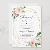 日付変更 ブッシュピンク 花 ゴールド ジオメトリック 招待状 (正面)