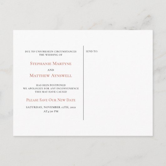 日付変更 モダン ローズゴールド スクリプト 案内ポストカード (裏面)