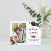 日付変更 ワインレッド ブラッシュ ネイビー フラワー フォト ポストカード (スタンド正面)