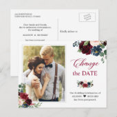 日付変更 ワインレッド ブラッシュ ネイビー フラワー フォト ポストカード (正面/裏面)