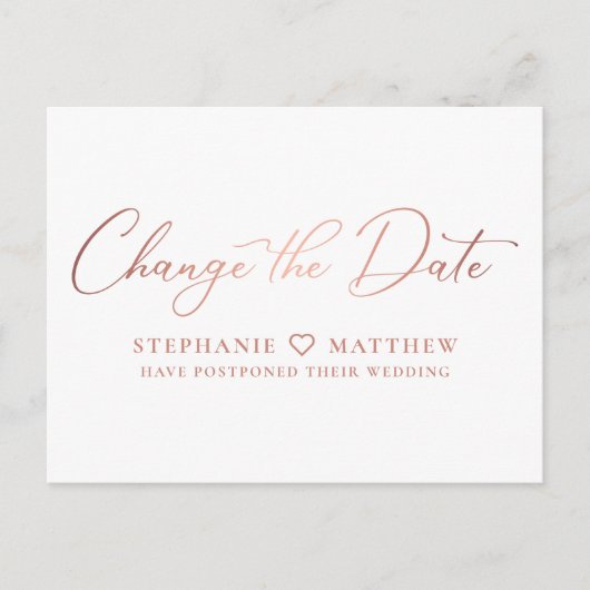 日付変更 現代 ローズゴールド スクリプト 案内ポストカード (正面)