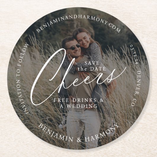日付応援の保存Free Drinks & A結婚の写真 ラウンドペーパーコースター (正面)