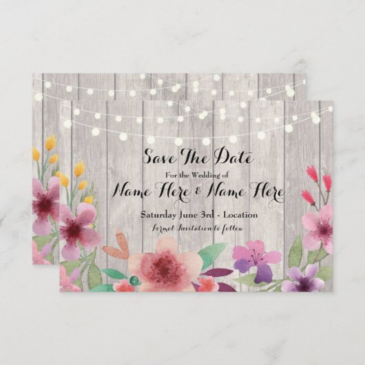 日付木製の素朴な花ライト招待を救って下さい セーブザデート (正面/裏面)