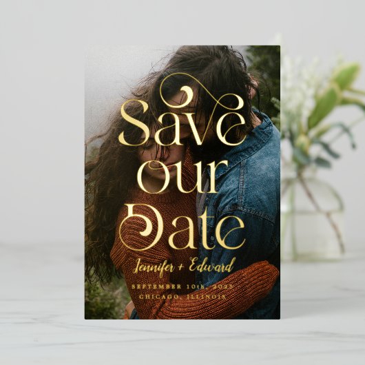 日付渦巻形の区分タイポグラフィの保存 箔招待状 (立ち正面)