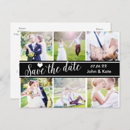 日付白黒結婚の6枚の写真はがきを保存 案内ポストカード (正面/裏面)