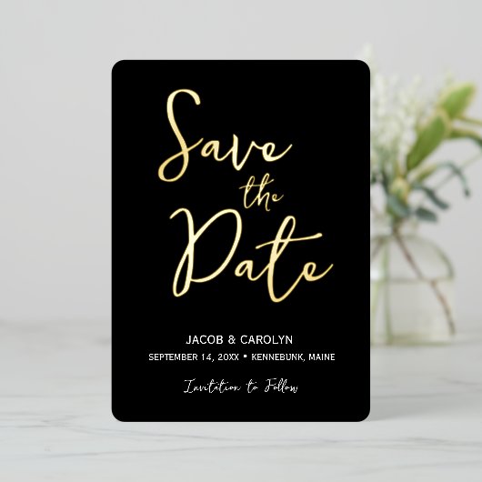 日付白黒金ゴールドの結婚保存 箔招待状 (立ち正面)