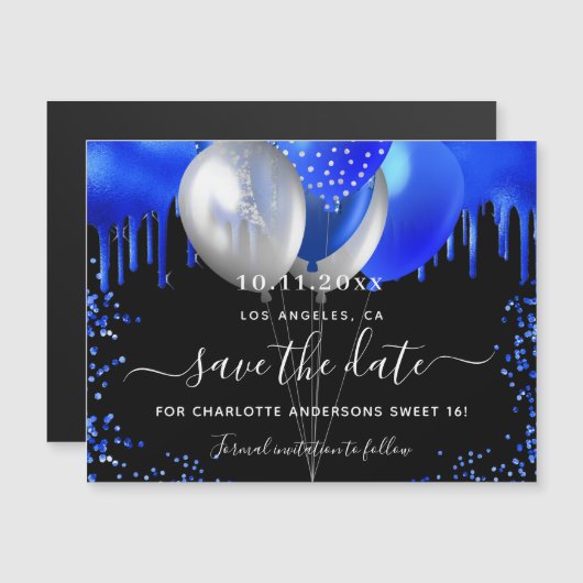 日付磁石を保王室の存する甘い16ブラックブルー マグネット招待状 (正面/裏面)