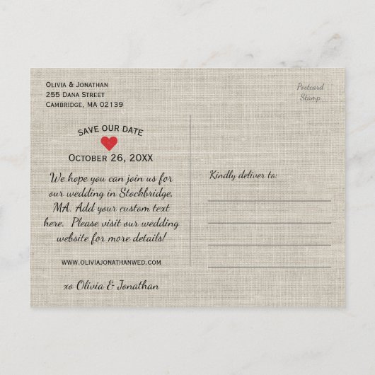 日付素朴の保存 |ヴィンテージ魅力的ハート 案内ポストカード (裏面)