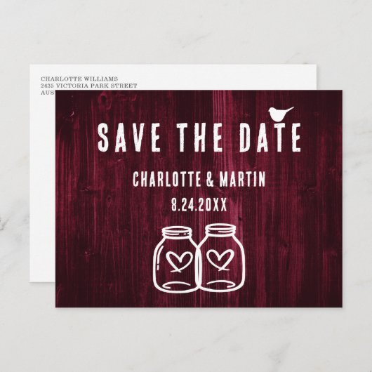 日付素朴を保存してバーガンディ木材の結婚式 案内ポストカード (正面/裏面)