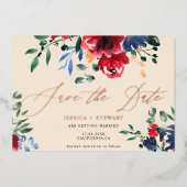 日付素朴を除くブルゴーニュ海軍フローラ結婚式 箔招待状 (正面)