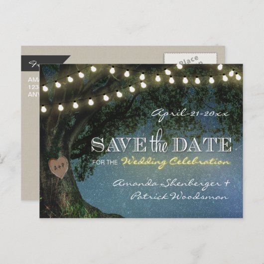 日付素朴カードを保存する彫りオークの木の結婚式 案内ポストカード (正面/裏面)