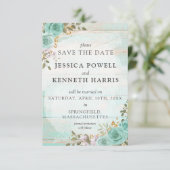 日付素朴ターコイズフローラヴィンテージカードの保存 招待状 (スタンド正面)