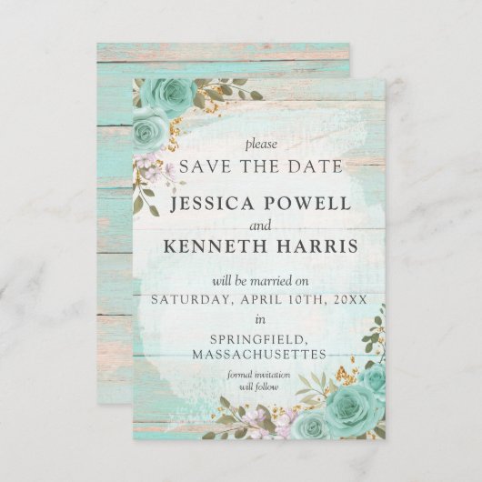 日付素朴ターコイズフローラヴィンテージカードの保存 招待状 (正面/裏面)