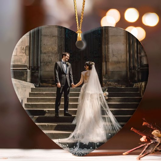 日付結婚したと写真が背面にある初めてのクリスマス オーナメント