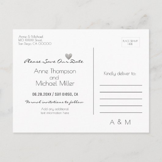 日付結婚の招待状を保存するためのラブのはがき 案内ポストカード (裏面)