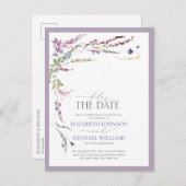 日付薄紫ラベンダーフローラ結婚の 案内ポストカード (正面/裏面)