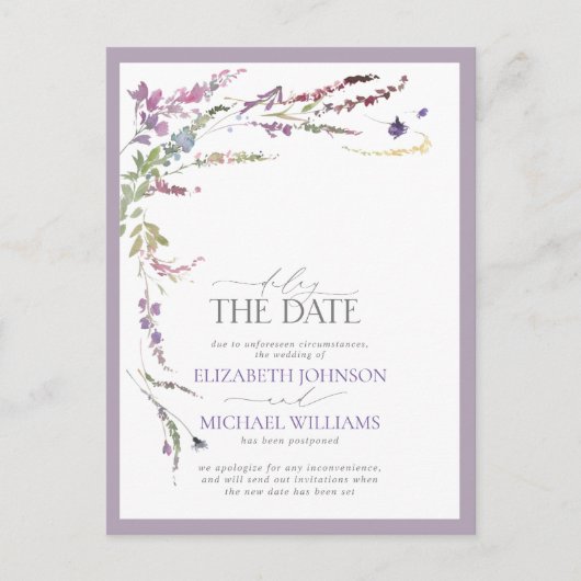 日付薄紫ラベンダーフローラ結婚の 案内ポストカード (正面)