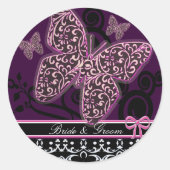 日付蝶の渦巻きピンク黒と白を保存 ラウンドシール (正面)