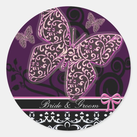 日付蝶の渦巻きピンク黒と白を保存 ラウンドシール (正面)