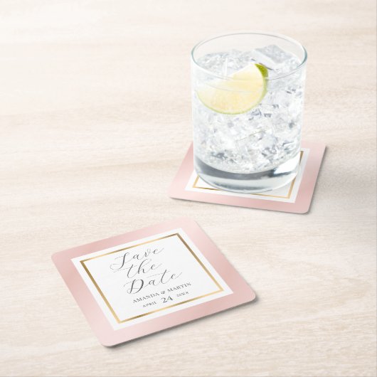 日付赤面のピンクと金ゴールドのスクリプトの結婚保存 スクエアペーパーコースター (インサイチュ)