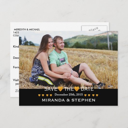 日付金ゴールドのハートモダンの結婚写真を保存 案内ポストカード (正面/裏面)