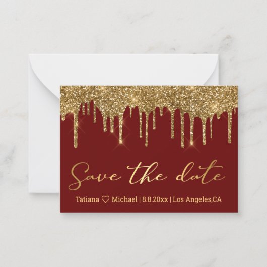 日付金ゴールドを赤いグリッター結婚の ノートカード (正面)