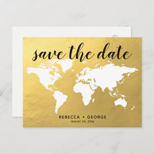 日付金ゴールドシックな目的地の結婚式を保存する 案内ポストカード (正面/裏面)