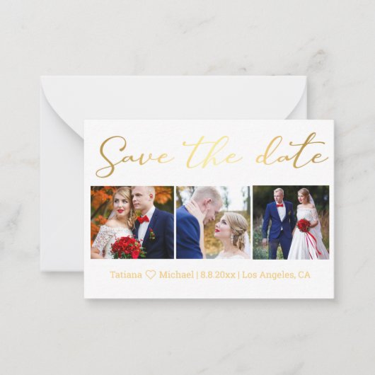 日付金ゴールドシック結婚の3つの写真コラージュを保存 ノートカード (正面)