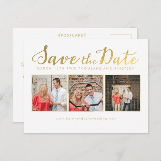 日付金ゴールドスクリプトタイポグラフィのフォトカードの保存 案内ポストカード (正面/裏面)