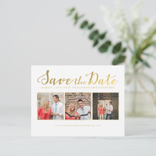 日付金ゴールドスクリプトタイポグラフィのフォトカードの保存 案内ポストカード (スタンド正面)