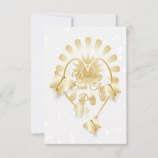 日付金ゴールドフローラハート蝶の保存 招待状 (正面)