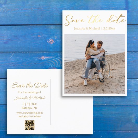 日付金ゴールド手書きカップルの写真を保存する 案内ポストカード