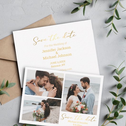 日付金ゴールド書の結婚コラージュを保存 ノートカード