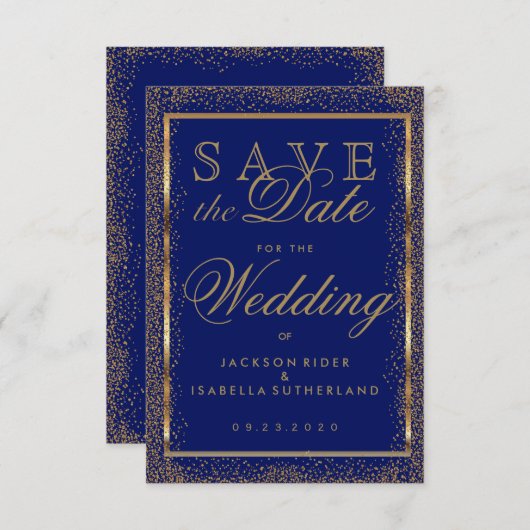 日付金ゴールド紙吹雪と濃い青を保存 セーブザデート (正面/裏面)