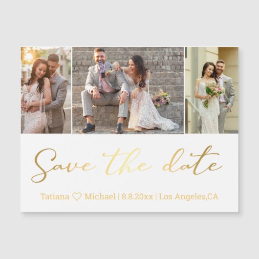 日付金ゴールド結婚の3枚のコラージュ磁石を保存 (正面)