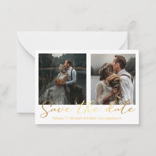 日付金ゴールド結婚2枚のコラージュを保存 ノートカード (正面)