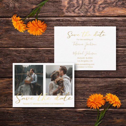 日付金ゴールド結婚2枚のコラージュを保存 ノートカード