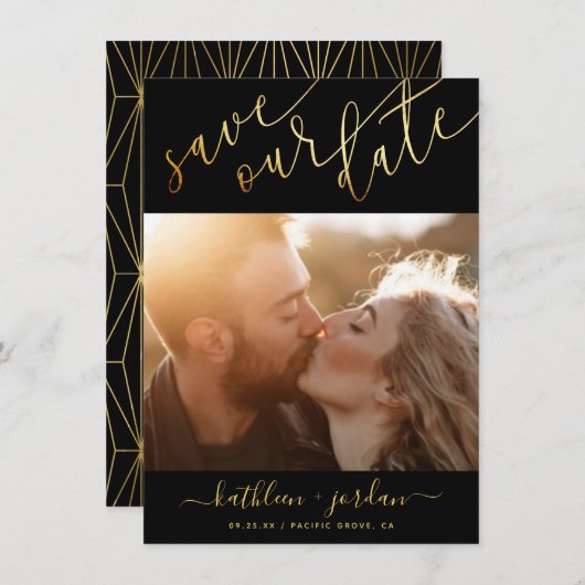 日付金ゴールド·スクリプトの結婚発表を保存 招待状 (正面/裏面)