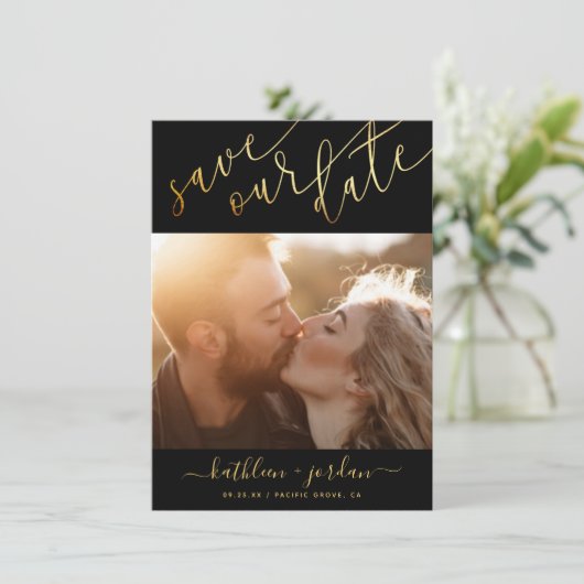 日付金ゴールド·スクリプトの結婚発表を保存 招待状 (スタンド正面)