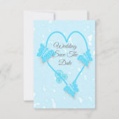 日付青い色のハート蝶を保存 招待状 (正面)