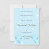 日付青い色のハート蝶を保存 招待状 (裏面)