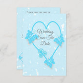 日付青い色のハート蝶を保存 招待状 (正面/裏面)