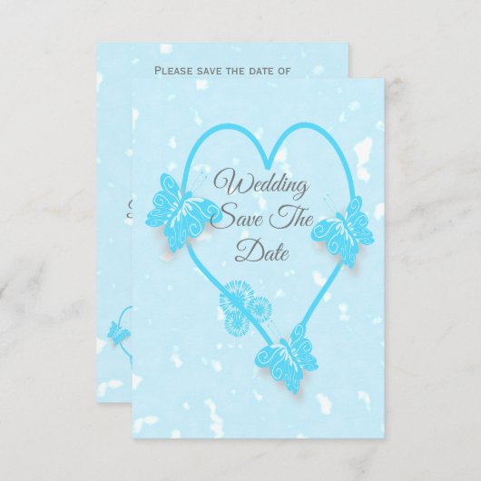 日付青い色のハート蝶を保存 招待状 (正面/裏面)