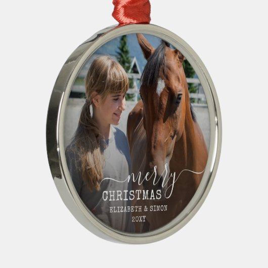 日付馬の写真のパーソナライズされた丸い枠 メタルオーナメント (右)