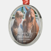 日付馬の写真のパーソナライズされた丸い枠 メタルオーナメント (左)
