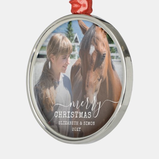 日付馬の写真のパーソナライズされた丸い枠 メタルオーナメント (左)