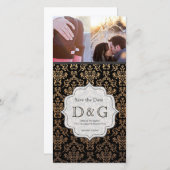 日付黒い及びオレンジダマスク織のFillagreeカードを救って下さい セーブザデート (正面/裏面)